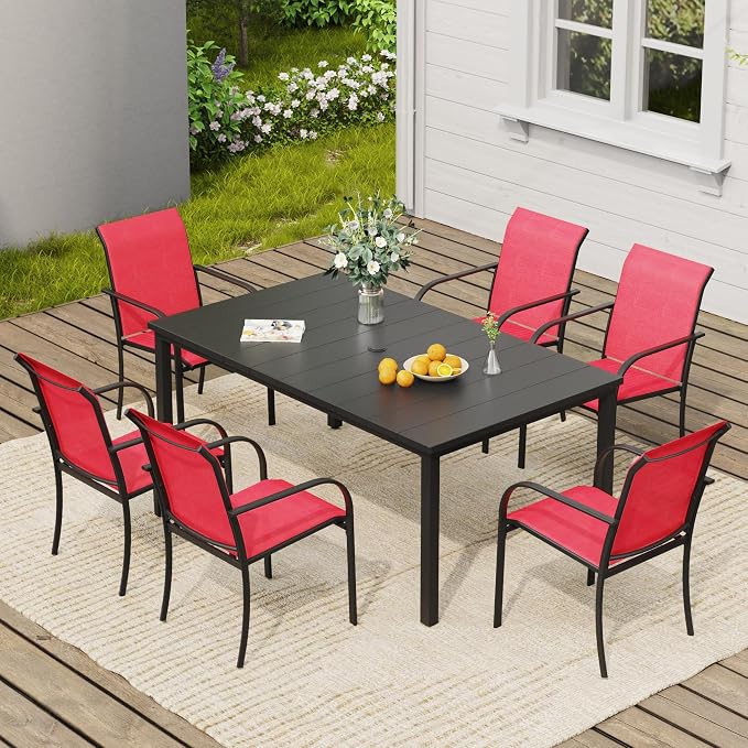 VICLLAX 7 Pieces Patio Dining Set, Patio Furniture Set of 6 Patio Stackable Dining Chairs and Outdoor Metal Table with Umbrella Hole for Backyard Lawn Garden, Red Chairs and Black Table by HOME