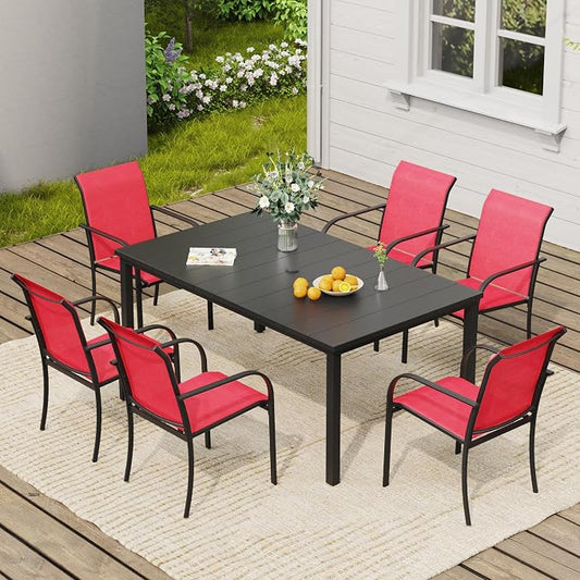 VICLLAX 7 Pieces Patio Dining Set, Patio Furniture Set of 6 Patio Stackable Dining Chairs and Outdoor Metal Table with Umbrella Hole for Backyard Lawn Garden, Red Chairs and Black Table by HOME