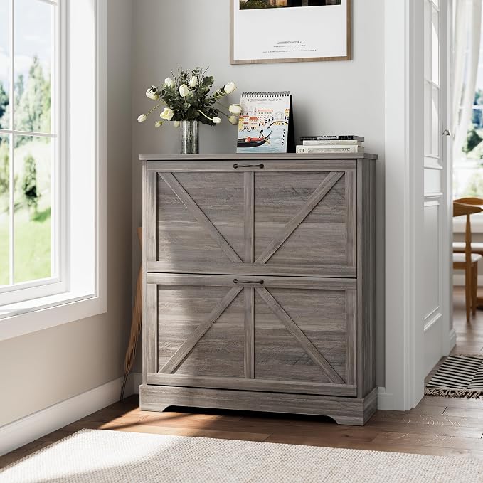 Smart FENDEE Shoe Storage Cabinet with 2 Flip Drawers, Farmhouse Narrow Shoe Cabinet Storage for Entryway, Slim Shoe Rack Cabinet with Wooden Feet, Gery by SmartFENDEE