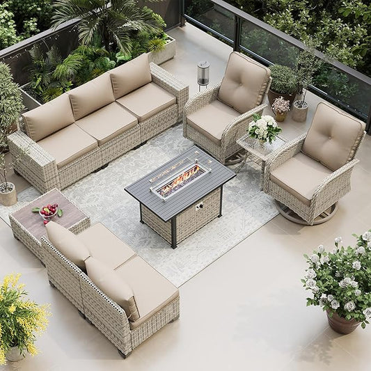 10-Piece Outdoor Patio Furniture Set with Swivel Rocking Chair, Outdoor Sectional Sofa with 55,000 BTU Fire Pit Table PE Wicker Rattan Patio Conversation Set with Coffee Table, Khaki