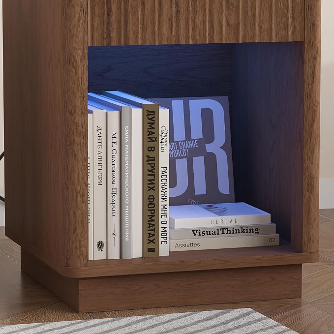 Akxomel Fluted Nightstand, Wooden Night Stand with Charging Station and LED Light, Modern Mid Century End Table with Drawer, 15" D x 15.7" W x 22.6" H, for Bedroom, Walnut - Image 8