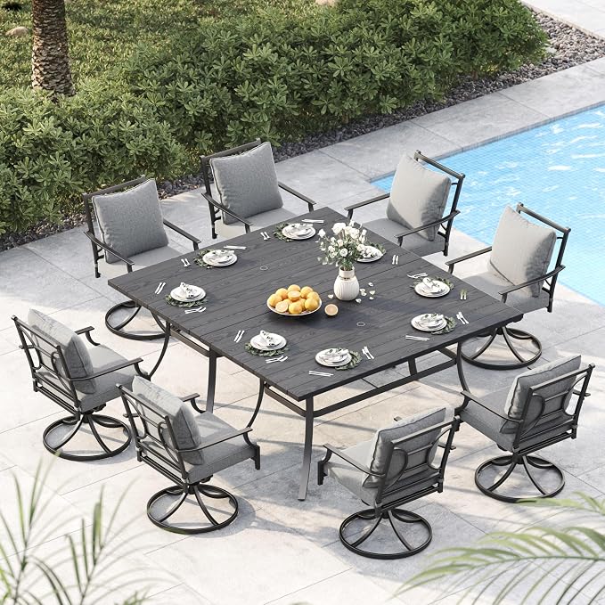 Grand patio 10-Piece Patio Dining Set for 8, 8 E-Coated Outdoor Dining Set Swivel Patio Dining Chairs with Olefin Cushions & 2 Rectangular Faux Woodgrain Table with 1.5”Market Umbrella Hole by GrandPatio