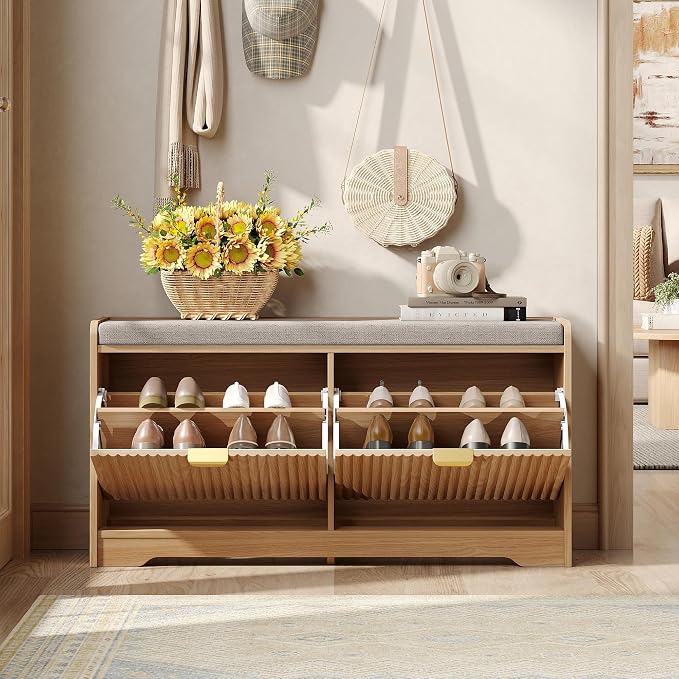 Maupvit Fluted Shoe Bench with 2 Flip-Drawers, 39.4" Narrow Entryway Bench with Shoe Storage and Seat Cushion, Adjustable Shelf, Hidden Shoe Rack Bench for Front Door Entrance, Hallway, Natural - Image 7