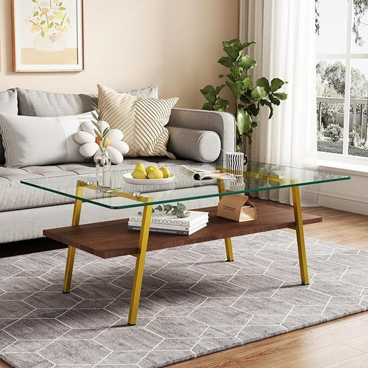 IANIYA Glass Coffee Table for Living Room Small Gold Mid Century Coffee Table for Living Room with Wood Shelves (Gold Frame, Transparent Glass + Brown Wood)