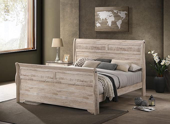 Roundhill Furniture Imerland White Wash Finish 3-Piece Bedroom Set-Sleigh Bed and Two Nightstands, King Size