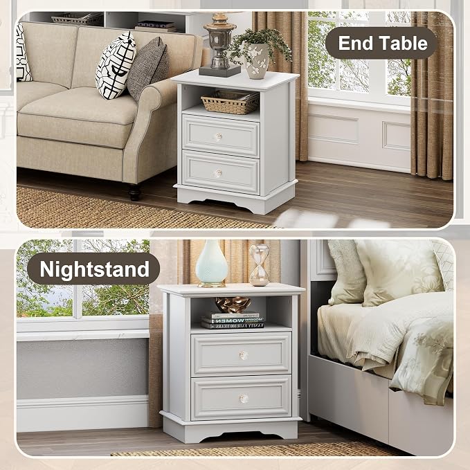 Yechen White Nightstand Set of 2, 25" Tall Farmhouse Bedside Table with Hidden Drawer and 1 Open Shelf, Wood Rustic Night Stand with Drawers for Bedroom - Image 7