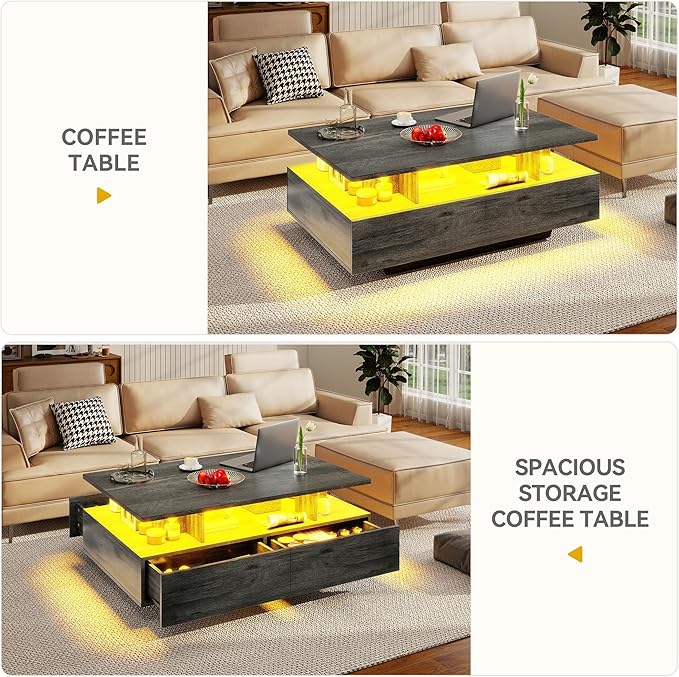 DWVO LED Coffee Table with Storage 4 Drawers, Modern High Glossy Coffee Tables for Living Room, Rectangle Coffee Table Small Center Table with Open Display Shelf & Sliding Drawers, Grey