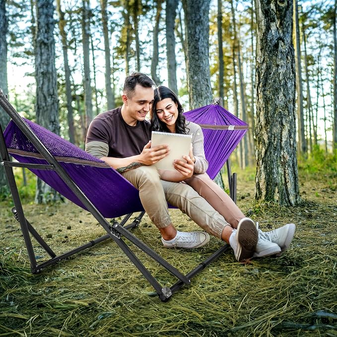 Tranquillo Universal Double Hammock with Stand Included for 2 Persons/Foldable Hammock Stand 600 lbs Capacity Portable Case - Inhouse, Outdoor, Camping, Purple - Image 7
