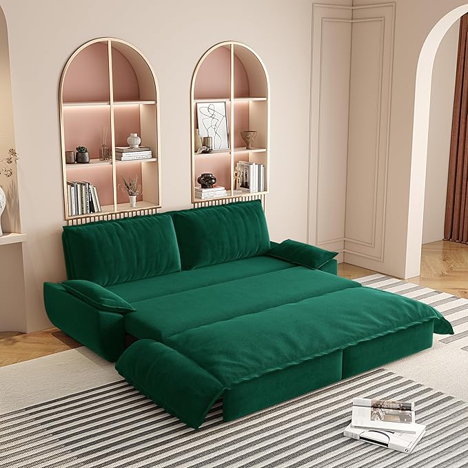 3-in-1 Convertible Sofa Bed Queen Size Pull Out Sleeper Sofa with Heavy Duty Metal Frame, Luxurious Velvet Upholstered Loveseat with 2 Pillows, Modern Folding Guest Bed for Living Room, Apartment