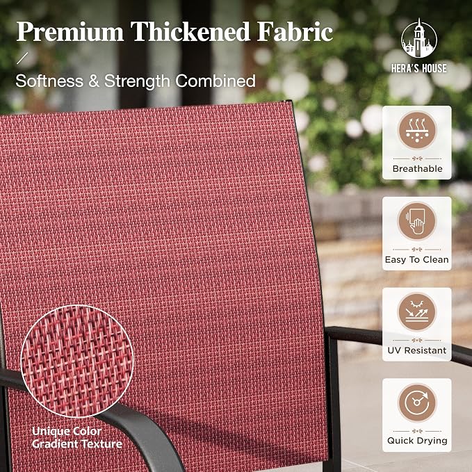 HERA'S HOUSE 7 PCS Patio Dining Set All-Weather Outdoor Furniture, 6 Dining Chairs and Large Metal Table with Double Umbrella Hole for Yard, Garden, Porch, Deck (Red) - Image 3