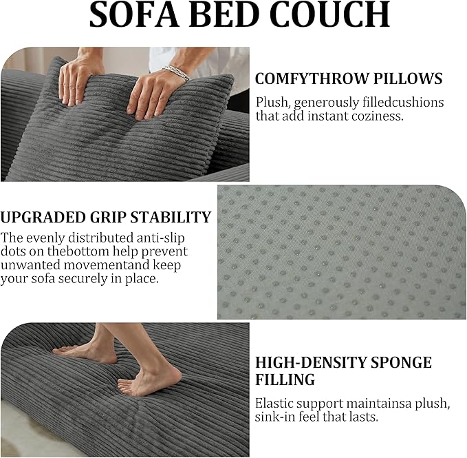 HouseMila 59" Boneless Couch,4-in-1 Futon Sofa Bed Modular Loveseat Sleeper Folding Compressed Couch with Pillows,No Assembly Required Convertible Sofa Bed for Living Room Bedroom Guest Room,Grey