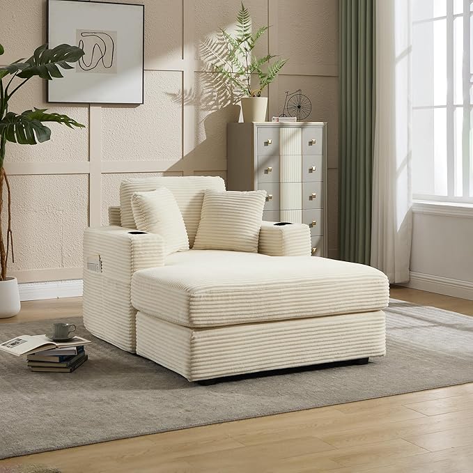 KEIKI Oversized Accent Chair with Ottoman, Chaise Lounge Chair Indoor with Cupholders, Oversized Sofa Bed, Deep Seat Sleeper Couch Reading Chairs for Living Room, Beige