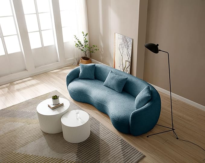 KEIKI 94" Boucle Half Moon Curved Sectional Sofa with 3 Throw Pillows, Modern Style 4-Seater Teddy Fleece Leisure Couch with Curved Backrest, Easy Assembly, for Living Room, Bedroom, Blue
