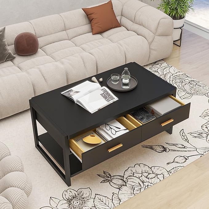 Solid Wood Coffee Table with Storage Living Room Table with 2 Drawers Shelf & Reinforced Legs