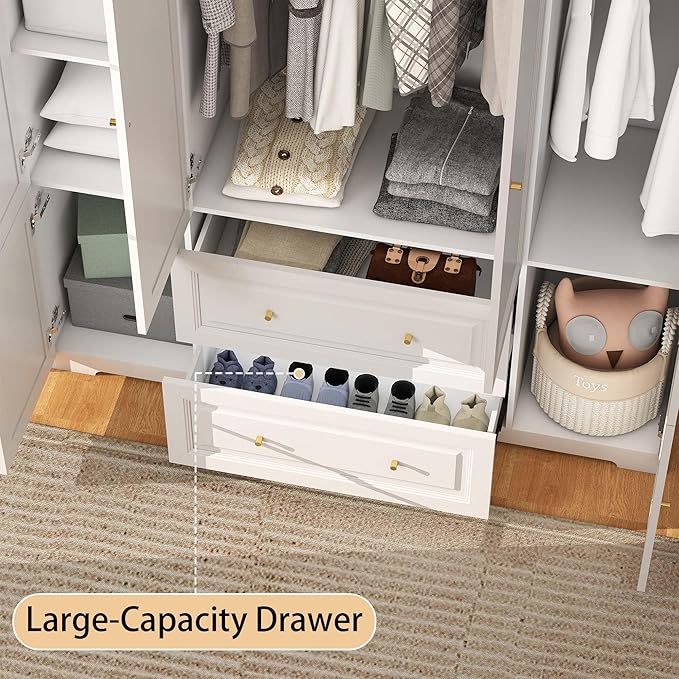 Bedroom Armoire Wardrobe Closet with Drawers: White Wardrobe Closet for Hanging Clothes, Large Wardrobes Storage Closets, Wood Closets Cabinets with Doors and Shelves (White, 59")
