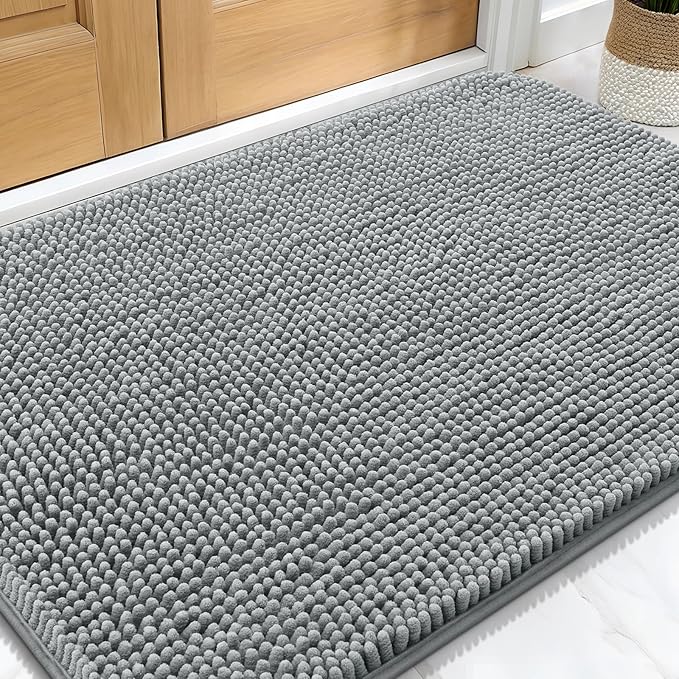 OLANLY Dog Door Mat for Muddy Paws 30x20, Absorbs Moisture and Dirt, Absorbent Non-Slip Washable Doormat, Quick Dry Chenille Mud Mat for Dogs, Entry Indoor Entryway Carpet for Inside Floor, Grey by OLANLY