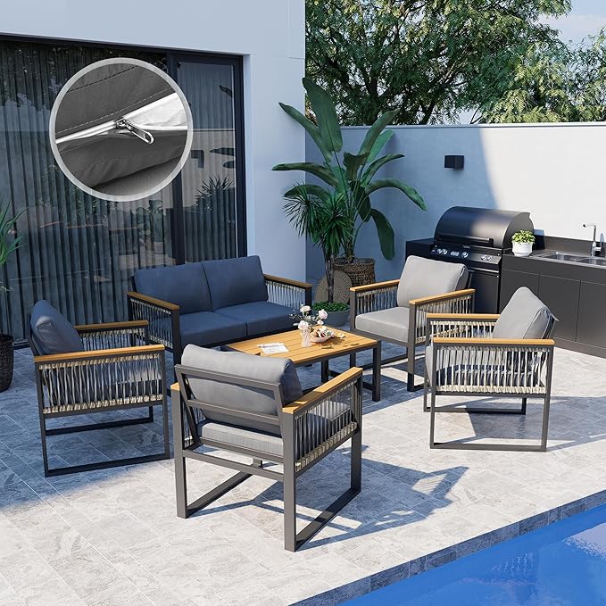 Pamapic 6 Pieces Outdoor Patio Furniture Set with Wicker Handrails, Plastic-Wood Balcony Furniture with Wicker Arm Panel, All-Weather Metal Patio Conversation Sets with Cushion and Coffee Table
