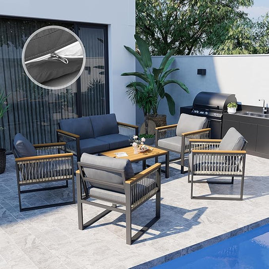Pamapic 6 Pieces Outdoor Patio Furniture Set with Wicker Handrails, Plastic-Wood Balcony Furniture with Wicker Arm Panel, All-Weather Metal Patio Conversation Sets with Cushion and Coffee Table