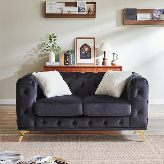 KEIKI 61" Luxury Oversized Velvet Chesterfield Sofa with 2 Pillows, Mid-Century Style 2-Seater Tufted Buttons Couch with High-Density Foam Cushions, Easy Assembly, for Apartment, Living Room, Black