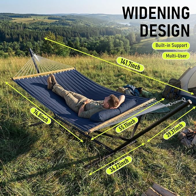 FULIYE Double Hammock with Stand for Outdoor，2 Person Heavy Duty Portable Hammock with Adjustable Steel Stand and Balance Ropes Included – for Patio, Backyard, Garden, Beach (Purplish Blue) - Image 7