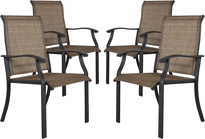 NUU GARDEN 4 Piece Outdoor Patio Dining Chairs, Textilene Dining Chairs with High Back, Patio Furniture Chairs with Armrest, Iron Frame for Lawn Garden Backyard Deck, Black and Brown by NUUGARDENCORPORATION