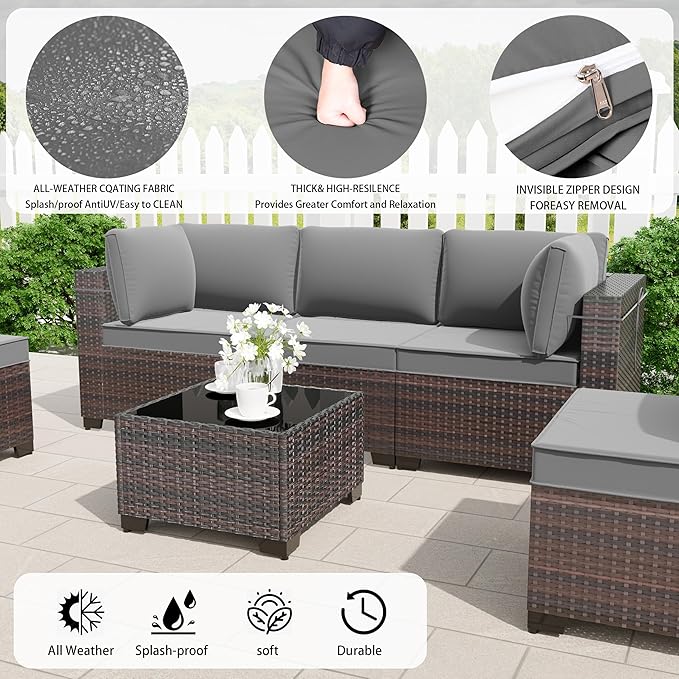 8 Pieces Outdoor Patio Furniture Set,Outdoor Sectional Furniture with 43" 55000 BTU Gas Propane Fire Pit Table,All Weather PE Rattan Wicker Patio Conversation Set,Grey