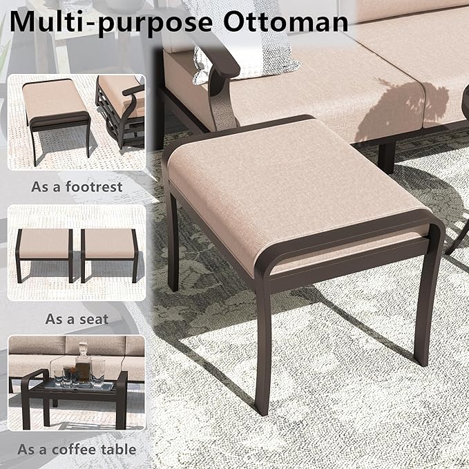 ALAULM Aluminum Patio Furniture Set with Swivel Chairs 7-seat Metal Outdoor Furniture Patio Sectional Sofas w/2 Ottomans for Porch, Backyard, Poolside-Sand