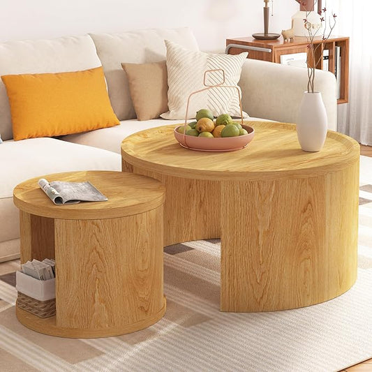 Round Nesting Coffee Table Set of 2, Mid Century Modern Circle Coffee Table, 31.5"&18" Wooden Circle Accent Tables with Wood Top, Minimalist Center Table, Space-Saving Side Table Set for Living Room