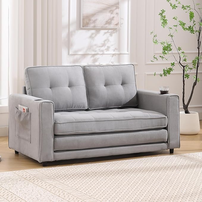 ERYE Foldable Loveseat Sofa Convertible Pull Out Sleeper Sofabed,2 Seat Tufted Upholstered Sofa Modern Convertible Sleeper Couch Bed with Cupholders and Side Pockets
