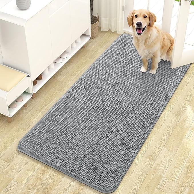 OLANLY Dog Door Mat for Muddy Paws 47x24, Absorbs Moisture and Dirt, Absorbent Non-Slip Washable Doormat, Quick Dry Chenille Mud Mat for Dogs, Entry Indoor Entryway Carpet for Inside Floor, Grey by OLANLY