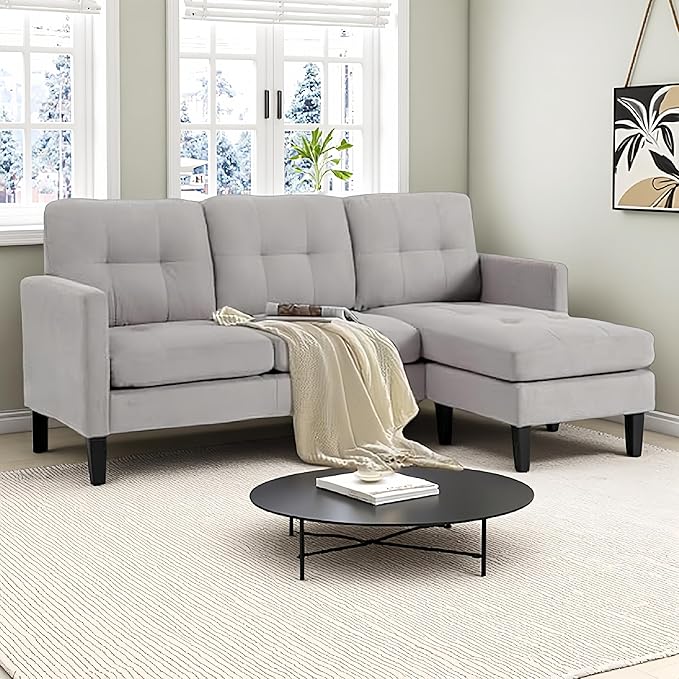 L Shaped Sectional Sofa with Movable Ottoman, Lounge Sectional Sleeper Sofa Couch for Apartment & Small Space, Small Couch for Living Room, Light Gray