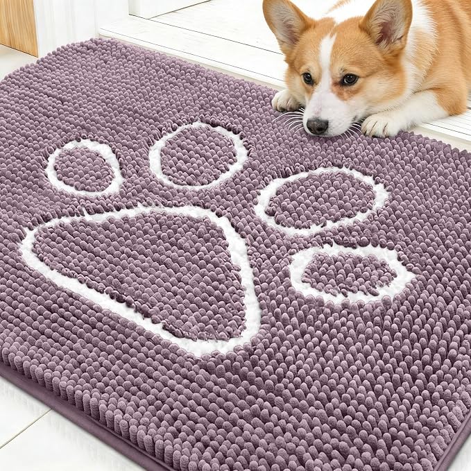 OLANLY Dog Door Mat for Muddy Paws 30x20, Paw Print Design, Absorbs Moisture and Dirt, Absorbent Non-Slip Washable Doormat, Quick Dry Chenille Mud Mat, Entry Indoor Entryway Carpet, Deep Plum by OLANLY