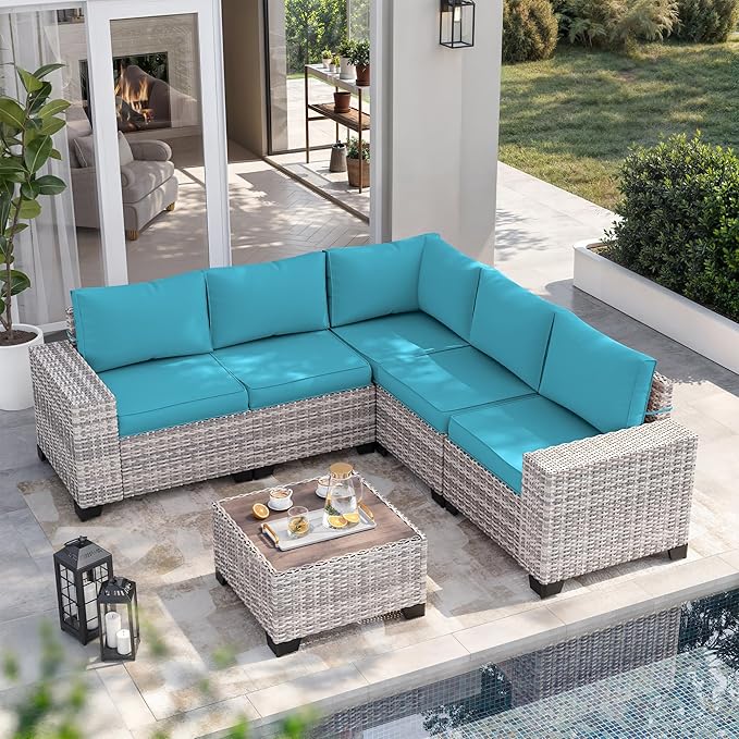 6-Piece Outdoor Patio Furniture Set Wicker Rattan Sectional Sofa Set, Patio Conversation Set with Thickened Cushions & Coffee Table for Backyard, Turquoise