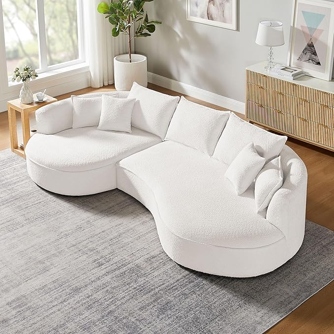 KEIKI 129" Luxury Curved Boucle Sectional Sofa with Left Chaise, Upholstered Modern Style Oversized 5-Seater Couch with Thickened Seat Cushions, Easy Assembly, for Apartment, Living Room, White