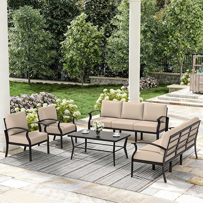 ALAULM Aluminum Patio Furniture Set with Coffee Table Rectangular, 8-seat Outdoor Sectional Furniture w/5.1" Cushions, Patio Conversation Set for Porch, Backyard, Poolside-Sand