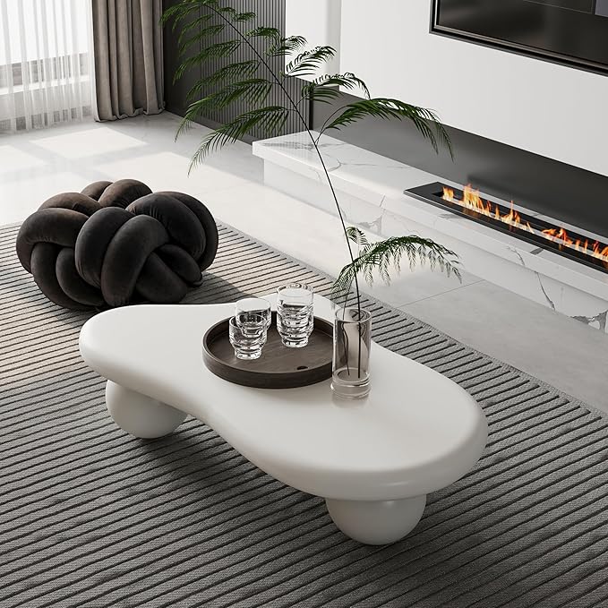 40” Cloud Coffee Table with 3 Ball Legs, Modern Irregular Center Table for Living Room, Low Cute Small MDF Tea Table for Bedroom, Space Apartment Cream White