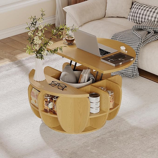 32.7" Lift Top Coffee Table with Storage, Natural Wood Round Center Table with Hidden Storage Compartment & Shelves, Mid Century Modern Coffee Tables for Living Room Rustic Accent Small Center Table