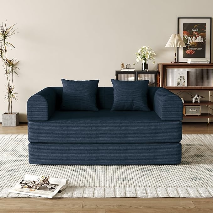 53.15'' Convertible Compressed Corduroy Folding Sofa Bed, Modern Boneless Pull Out Loveseat Sleeper in a Box, 4 in 1 Floor Mattress Futon Cloud Couch, No Assembly Needed, Navy Blue, 2 Pillows, Full