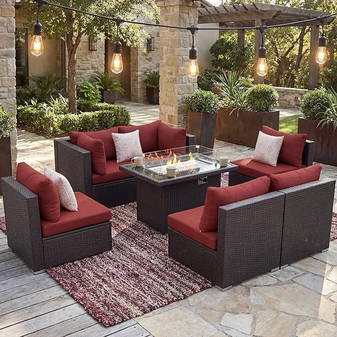 BULEXYARD 7-Piece Outdoor Patio Furniture Set with Propane/Natural Gas Fire Pit Table, Comfortable High-Back Sectional Couch Sofa, All-Weather Heavy Duty Backyard Seating, Brown Rattan & Red Cushion