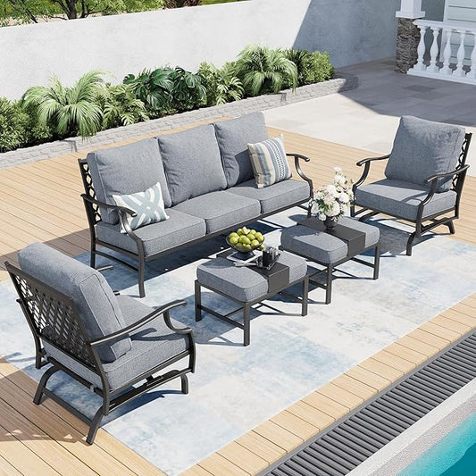 7 Piece Metal Outdoor Patio Furniture Set, Patio Conversation Sets 3-seater Sofa, 2 Rocking Chair, 2 Ottomans with 5.75" Thick Cushion, Black All-weather Frame Backyard Furniture, Gray