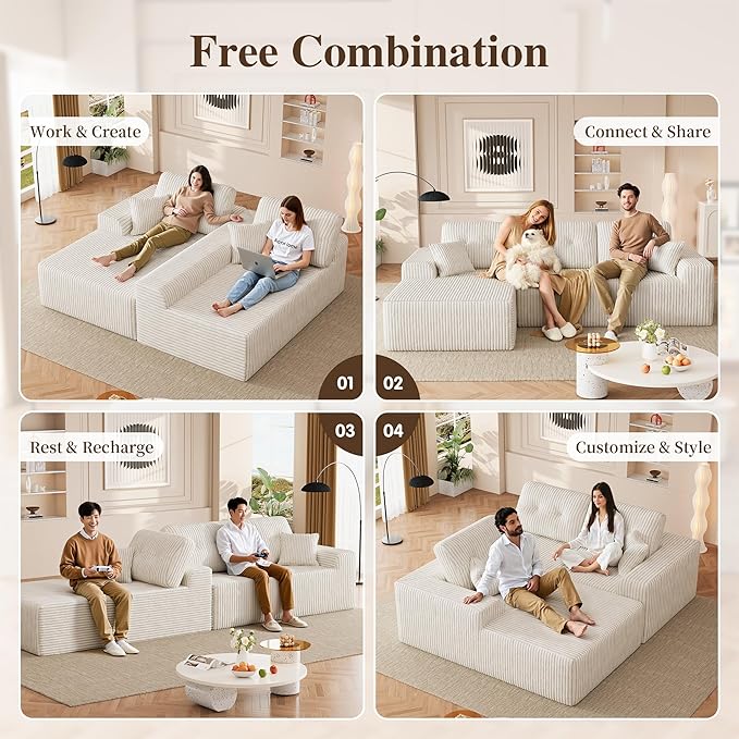 Ball & Cast 106" Boneless Sectional Sofa, Corduroy Modular L Shaped Couch with Deep Seat Chaise, Cloud Style Oversized Sectional Couch for Living Room, No Assembly, Right Facing, Corduroy Beige