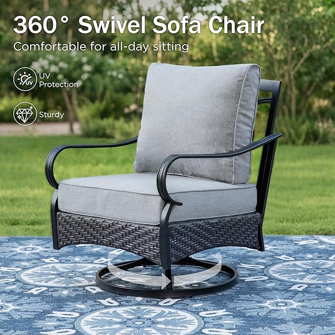 Patio Furniture Set with 32" Fire Pit Table, Patio Conversation Sets 4 Swivel Chairs with Thick Cushion and 50000 BTU Fire Pit Table (5 Pieces,Grey
