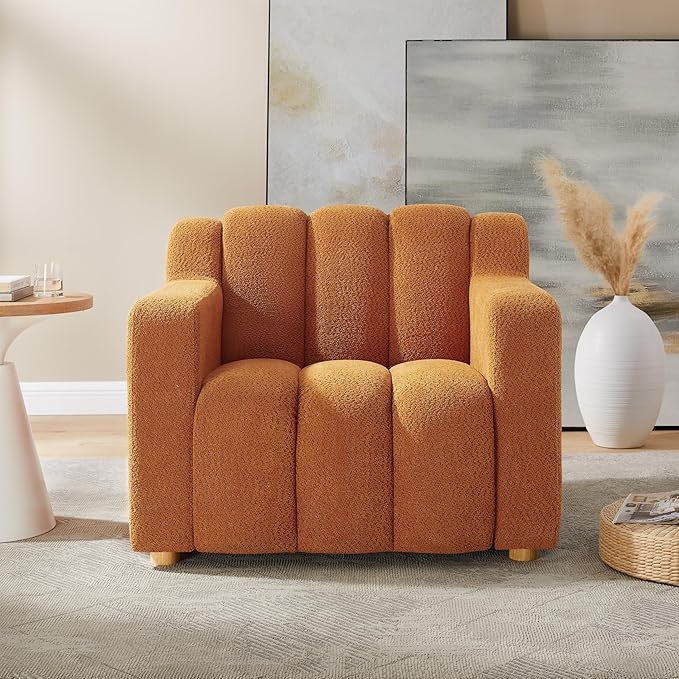 Modern Oversized Living Room Chairs, 40" Wide Boucle Accent Chairs with Deep Seat and Wooden Legs, Comfy Reading Arm Chair for Bedroom, Apartment, Orange