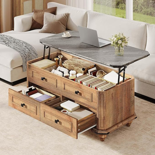 DWVO Lift Top Coffee Table with Storage, Farmhouse Wood Central Table w/Large Hidden Compartment, 2 Storage Drawers, Lift Tabletop Dining Table for Living Room, Reception Room, Rustic Brown