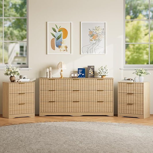 9 Drawer Dresser and Nightstand Sets for Bedroom, Modern Fluted 3 Pcs Bedroom Dresser Furniture Sets, Wood Chest of Drawers and Nightstand Set of 2 with Metal Handles, Natural Oak