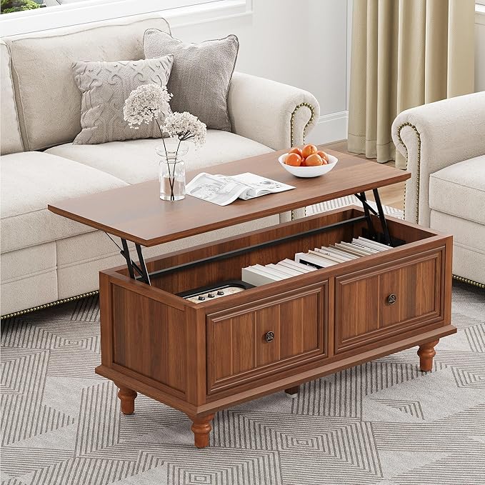 39" Lift Top Coffee Table, Wood Center Table with Storage, Retro Coffee Tables Rectangular Dining Table for Living Room Home Office Small Space (Walnut)