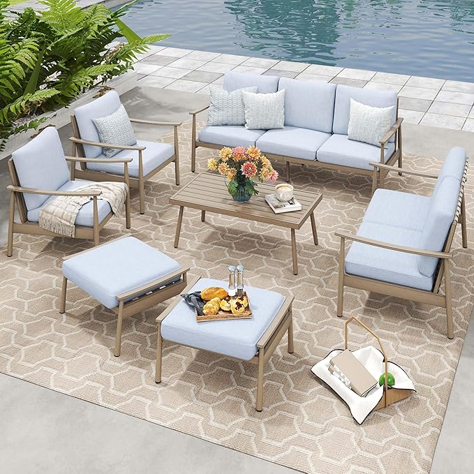 HAPPATIO Patio Outdoor Furniture Set - 7 Pieces Aluminum Outdoor Conversation Set Includes 1 Three-Seater Sofa, 1 Coffee Table, 1 Loveseat, 2 Armchairs and 2 Ottomans for Porch, Yard, Lawn (Brown)