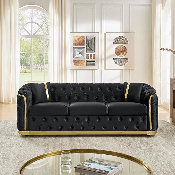 KEIKI 85" Luxury Oversized Velvet Chesterfield Sofa with 2 Pillow & Gold Stainless Decoration, Italian Modern Style 3-Seater Button Tufted Couch with Rolled Arms, Easy Assembly, for Living Room, Black