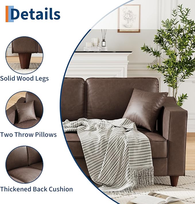 3-Seater Sofa Couch with 2 Throw Pillows, 85 Inches Faux Leather Couch with Wide Armrests, Deep Seats, Wood Legs, Back Cushion, Sturdy Support Feet, Couches for Living Room, Office, Dark Brown