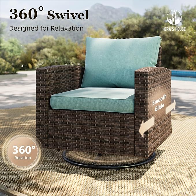 HERA'S HOUSE Swivel Glider Patio Furniture Set with Fire Pit Table, 6 Pieces Outdoor Seating Furniture Wicker Conversation Sets for Deck Backyard Lawn, Blue